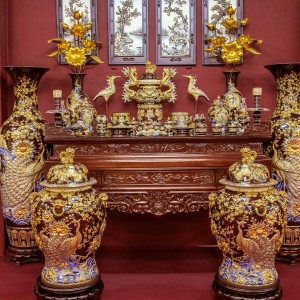 Bộ đồ thờ men nâu vẽ vàng