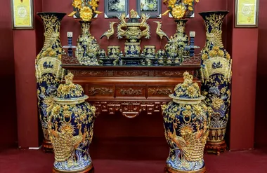Bộ đồ thờ Men Lam Vẽ Vàng 24K
